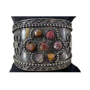 Bohemian Style Artisan Coral and Jasper Silver Cuff Bracelet 2"Thick